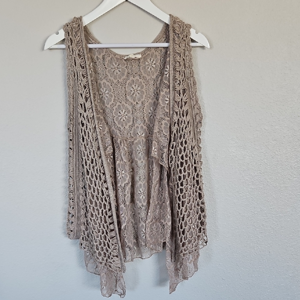 Crochet Lace Layered Vest - Neutral Taupe